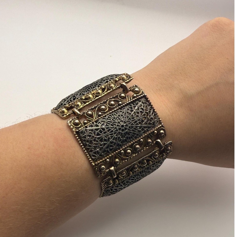 Vintage Ornate Two Tone Filigree Panel Link Bracelet Gold Silver Tone Wide Cuff
